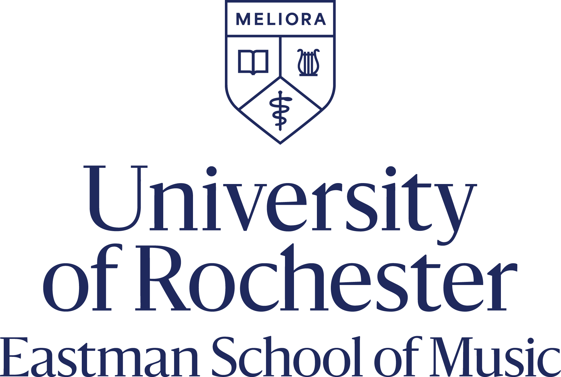 A symbol with MELIORA on top and below show a book, caduceus and lyre representing areas of U of R